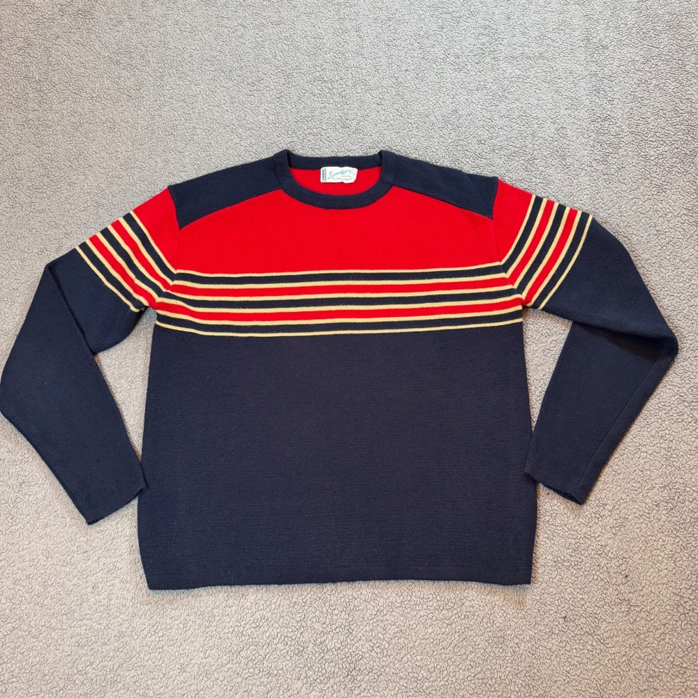 Vintage Squaw Valley Pebble Beach Mens Navy Red Striped Knit Sweater XL